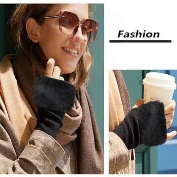 Lcaiualu Winter Women Fingerless Gloves Knitted Arm Warmers Hand Mittens ThumbHole Faux Fur Wrist Short Cuff for Women (Black)