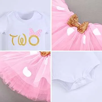 Toddler Baby Girl Second 2nd Birthday Cake Smash Outfit Infant Girl 1st Birthday Romper Tutu Skirt 3D Ear Mouse Headband Clothes Set Playwear Bodysuit Halloween Fancy Dress Up Mouse Costume Pink - Two