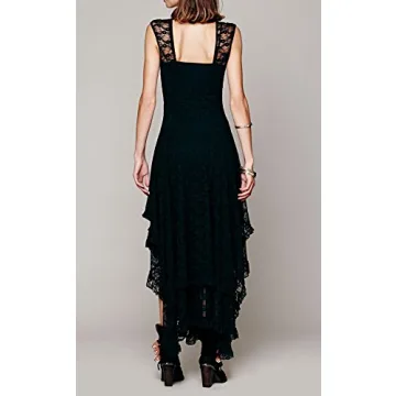 R.Vivimos Womens Sleeveless Backless Asymmetrical Layered Lace Long Dress with Slip Two Pieces (Large, Black)