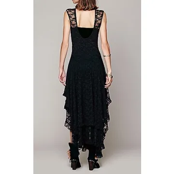R.Vivimos Womens Sleeveless Backless Asymmetrical Layered Lace Long Dress with Slip Two Pieces (Large, Black)