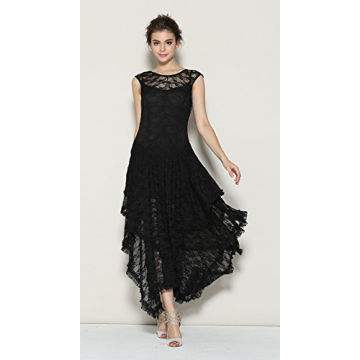 R.Vivimos Womens Sleeveless Backless Asymmetrical Layered Lace Long Dress with Slip Two Pieces (Large, Black)