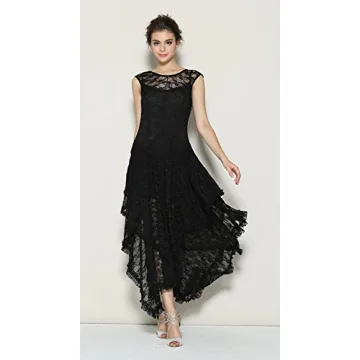 R.Vivimos Womens Sleeveless Backless Asymmetrical Layered Lace Long Dress with Slip Two Pieces (Large, Black)