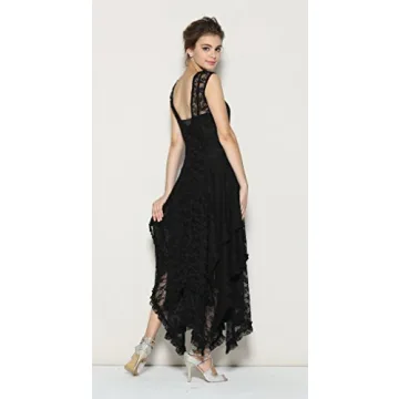R.Vivimos Womens Sleeveless Backless Asymmetrical Layered Lace Long Dress with Slip Two Pieces (Large, Black)