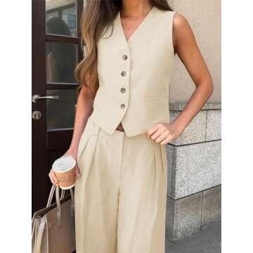 Cicy Bell Women's 2 Piece Outfits V Neck Crop Vest Blazer and Wide Leg Suit Pants Sets Beige