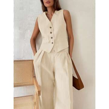 Cicy Bell Women's 2 Piece Outfits V Neck Crop Vest Blazer and Wide Leg Suit Pants Sets Beige
