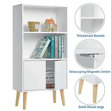 HOMMPA Bookshelf Cube Storage Organizer 3 Tier White Bookcase with Doors Modern Open Shelf Bookshelves with Wood Legs Free Standing Cube Bookshelves for Living Room Office and Bedroom White