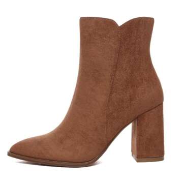 Athlefit Women's Heeled Ankle Boots Fashion Pointed Toe Chunky Heel Side Zipper Short Suede Brown Bo...