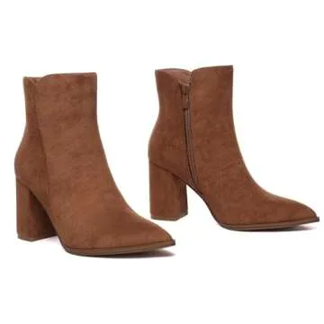 Athlefit Women's Heeled Ankle Boots Fashion Pointed Toe Chunky Heel Side Zipper Short Suede Brown Boots Size 9.5