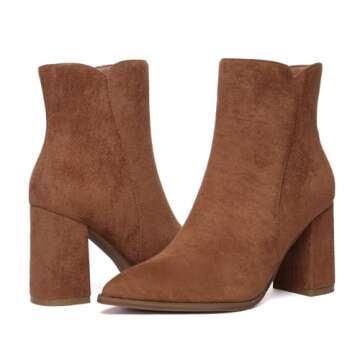 Athlefit Women's Heeled Ankle Boots Fashion Pointed Toe Chunky Heel Side Zipper Short Suede Brown Boots Size 9.5