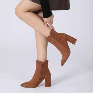 Athlefit Women's Heeled Ankle Boots Fashion Pointed Toe Chunky Heel Side Zipper Short Suede Brown Boots Size 9.5
