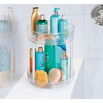 mDesign Spinning 2-Tier Lazy Susan Turntable Storage Tower, Rotating Organizer for Bathroom Cabinet, Vanity Counter, Closet, or Sink - Carousel Makeup Organizer, Linn Collection, Clear/Silver