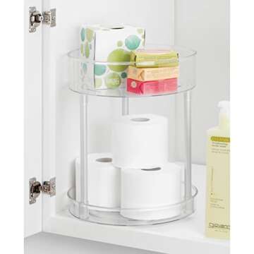 mDesign Spinning 2-Tier Lazy Susan Turntable Storage Tower, Rotating Organizer for Bathroom Cabinet, Vanity Counter, Closet, or Sink - Carousel Makeup Organizer, Linn Collection, Clear/Silver