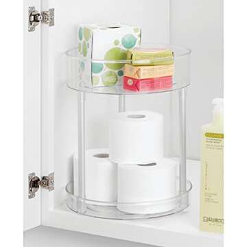 mDesign Spinning 2-Tier Lazy Susan Turntable Storage Tower, Rotating Organizer for Bathroom Cabinet, Vanity Counter, Closet, or Sink - Carousel Makeup Organizer, Linn Collection, Clear/Silver
