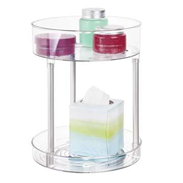 mDesign Spinning 2-Tier Lazy Susan Turntable Storage Tower, Rotating Organizer for Bathroom Cabinet, Vanity Counter, Closet, or Sink - Carousel Makeup Organizer, Linn Collection, Clear/Silver