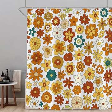 Retro Boho Floral Shower Curtain Set, Funky Vintage 70s 60S Flowers Shower Curtains Bathroom Include Hooks 72" Wx72 H,Trippy Geometric Hippie Abstract Fabric Farmhouse Shower Curtain Yellow Orange