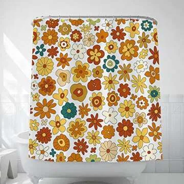 Retro Boho Floral Shower Curtain Set, Funky Vintage 70s 60S Flowers Shower Curtains Bathroom Include Hooks 72" Wx72 H,Trippy Geometric Hippie Abstract Fabric Farmhouse Shower Curtain Yellow Orange