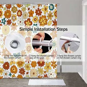Retro Boho Floral Shower Curtain Set, Funky Vintage 70s 60S Flowers Shower Curtains Bathroom Include Hooks 72" Wx72 H,Trippy Geometric Hippie Abstract Fabric Farmhouse Shower Curtain Yellow Orange