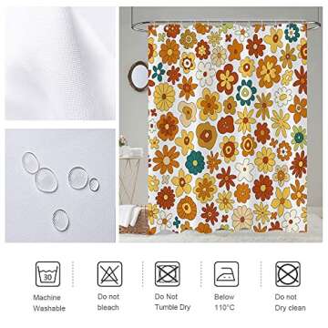 Retro Boho Floral Shower Curtain Set, Funky Vintage 70s 60S Flowers Shower Curtains Bathroom Include Hooks 72" Wx72 H,Trippy Geometric Hippie Abstract Fabric Farmhouse Shower Curtain Yellow Orange