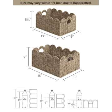 StorageWorks Scalloped Edge Wicker Basket, Scalloped Woven Basket for Organizing, Nursery Basket with Built-in Handles, Storage Basket for Décor, Seagrass Wicker Basket for Shelves, Set of 2