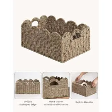StorageWorks Scalloped Edge Wicker Basket, Scalloped Woven Basket for Organizing, Nursery Basket with Built-in Handles, Storage Basket for Décor, Seagrass Wicker Basket for Shelves, Set of 2