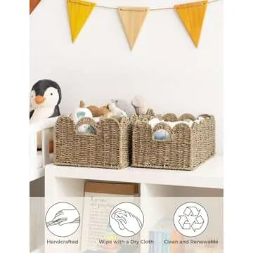 StorageWorks Scalloped Edge Wicker Basket, Scalloped Woven Basket for Organizing, Nursery Basket with Built-in Handles, Storage Basket for Décor, Seagrass Wicker Basket for Shelves, Set of 2