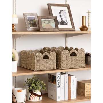 StorageWorks Scalloped Edge Wicker Basket, Scalloped Woven Basket for Organizing, Nursery Basket with Built-in Handles, Storage Basket for Décor, Seagrass Wicker Basket for Shelves, Set of 2