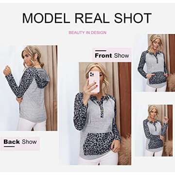 Dokotoo Women's Ladies Winter Fashion Button Collar Leopard Print Patchwork Color Block Long Sleeve Knit Stitching Drawstring Hoodies & Sweatshirts Women Pullover Casual T Shirts Tops XX-Large