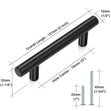 Probrico 10 Pack|3 Inch Hole Centers Flat Black Cabinet Pulls Modern Cupboard Hardware Kitchen Cabinet T Bar Handle Dresser Pulls, 5 Inch Total Length