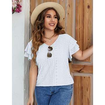 IN'VOLAND Women's Summer Tops Plus Size Loose Fit V Neck Ruffle Sleeve Casual Hollow T Shirts Blouse...