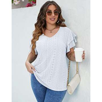 IN'VOLAND Women's Summer Tops Plus Size Loose Fit V Neck Ruffle Sleeve Casual Hollow T Shirts Blouse White 20W