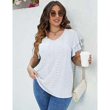 IN'VOLAND Women's Summer Tops Plus Size Loose Fit V Neck Ruffle Sleeve Casual Hollow T Shirts Blouse White 20W