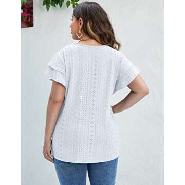 IN'VOLAND Women's Summer Tops Plus Size Loose Fit V Neck Ruffle Sleeve Casual Hollow T Shirts Blouse White 20W