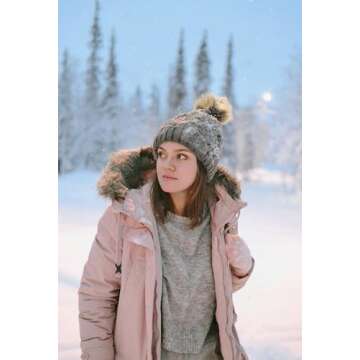 ZLYC Womens Knitted Beanie with Faux Fur Pom Pom Thick Fleece Lined Warm Winter Hat Snow Cap, Solid ...