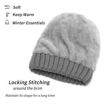 ZLYC Womens Knitted Beanie with Faux Fur Pom Pom Thick Fleece Lined Warm Winter Hat Snow Cap, Solid Gray