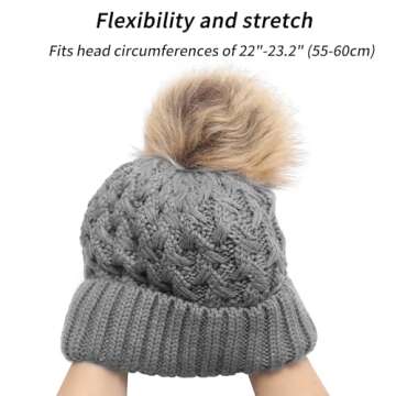 ZLYC Womens Knitted Beanie with Faux Fur Pom Pom Thick Fleece Lined Warm Winter Hat Snow Cap, Solid Gray