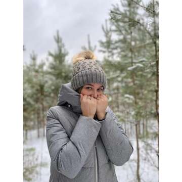 ZLYC Womens Knitted Beanie with Faux Fur Pom Pom Thick Fleece Lined Warm Winter Hat Snow Cap, Solid Gray