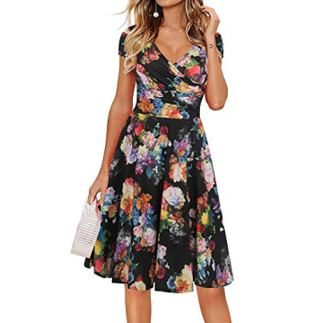 oxiuly Women's Vintage V-Neck Floral Casual Party Cocktail A-Line Dress OX233 (L, Black)