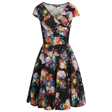 oxiuly Women's Vintage V-Neck Floral Casual Party Cocktail A-Line Dress OX233 (L, Black)