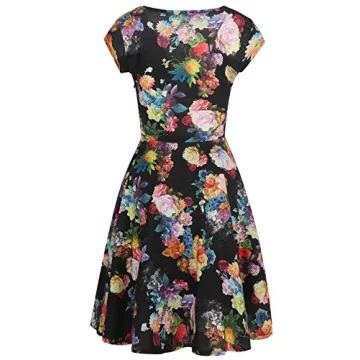 oxiuly Women's Vintage V-Neck Floral Casual Party Cocktail A-Line Dress OX233 (L, Black)