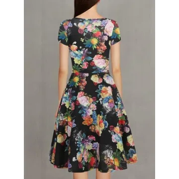 oxiuly Women's Vintage V-Neck Floral Casual Party Cocktail A-Line Dress OX233 (L, Black)