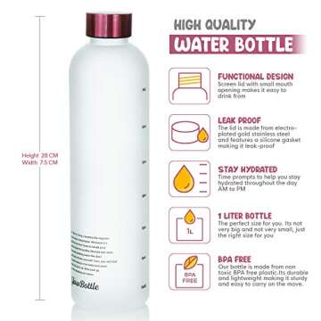 Glow Bottle Motivational Water Bottle with Time Marker Reminders | BPA Free Frosted Tritan Plastic, Leak Proof Durable Water Bottle & Drop Resistant | 1 Liter 32 oz.Purple Color