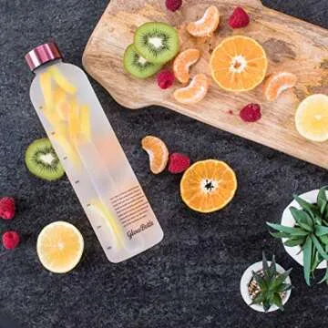 Glow Bottle Motivational Water Bottle with Time Marker Reminders | BPA Free Frosted Tritan Plastic, Leak Proof Durable Water Bottle & Drop Resistant | 1 Liter 32 oz.Purple Color