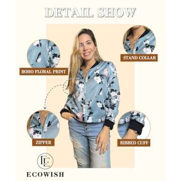 ECOWISH Women's Casual Floral Zip Up Bomber Jacket Coat Stand Collar Lightweight Short Outwear Tops ...