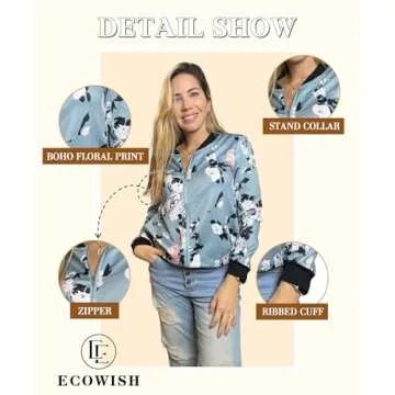 ECOWISH Women's Casual Floral Zip Up Bomber Jacket Coat Stand Collar Lightweight Short Outwear Tops ...