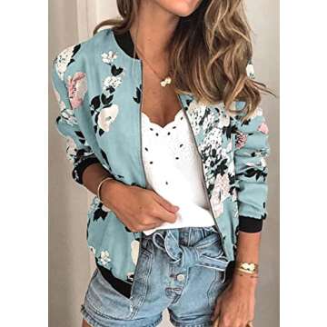 ECOWISH Women's Casual Floral Zip Up Bomber Jacket Coat Stand Collar Lightweight Short Outwear Tops Windbreaker with Pockets 333 Blue Medium