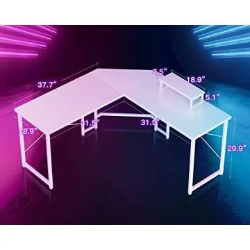 ODK L Shaped Gaming Desk, 51 Inch Computer Desk with Monitor Stand, PC Gaming Desk, Corner Desk Table for Home Office Sturdy Writing Workstation, Carbon Fiber Surface, White