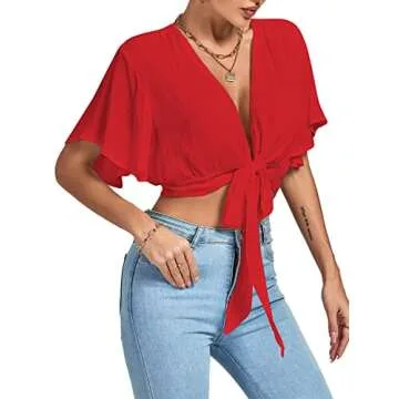 LYANER Women's Deep V Neck Tie Front Knot Wrap Ruffle Short Sleeeve Crop Top Blouse Red Small
