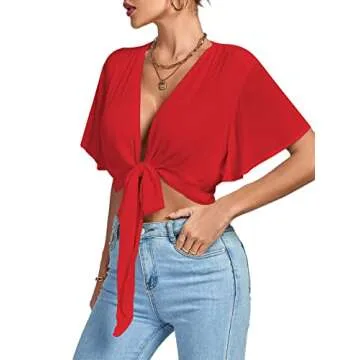 LYANER Women's Deep V Neck Tie Front Knot Wrap Ruffle Short Sleeeve Crop Top Blouse Red Small