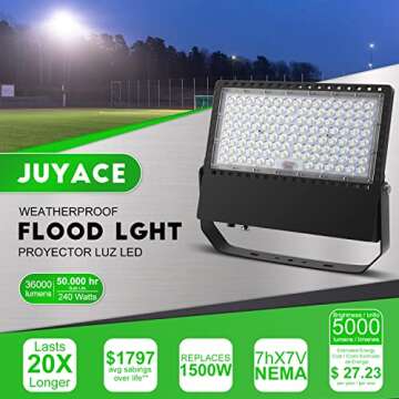 Juyace 36000LM LED Stadium Lights Outdoor 1500 Watt Equivalent Flood Light 240W 5000K Daylight (3 Pa...