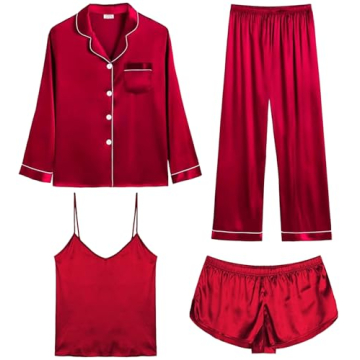 SWOMOG Women's Satin Pajama Set - 4pcs Luxe Sleepwear in Dark Red
